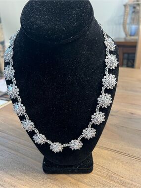 Talbots Silver Floral Crystal Station Necklace